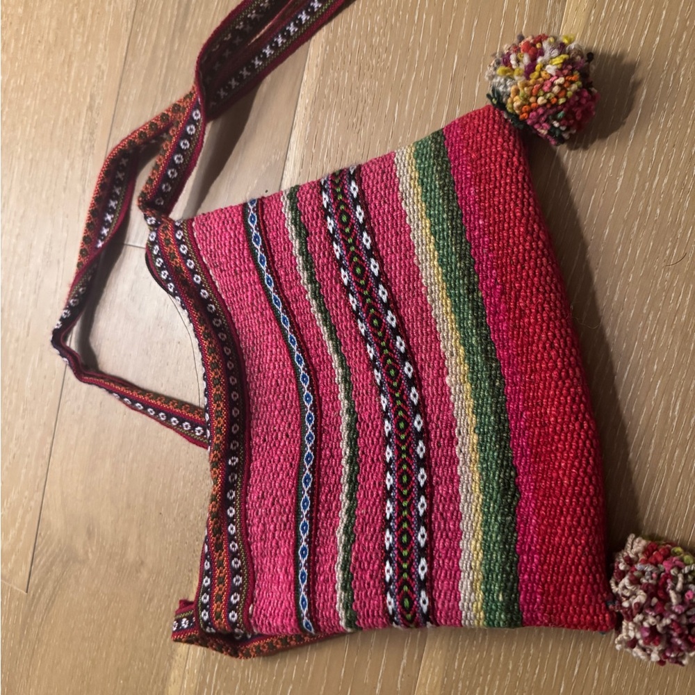 Red and Pink Crossbody Bag with Woven Stripes
